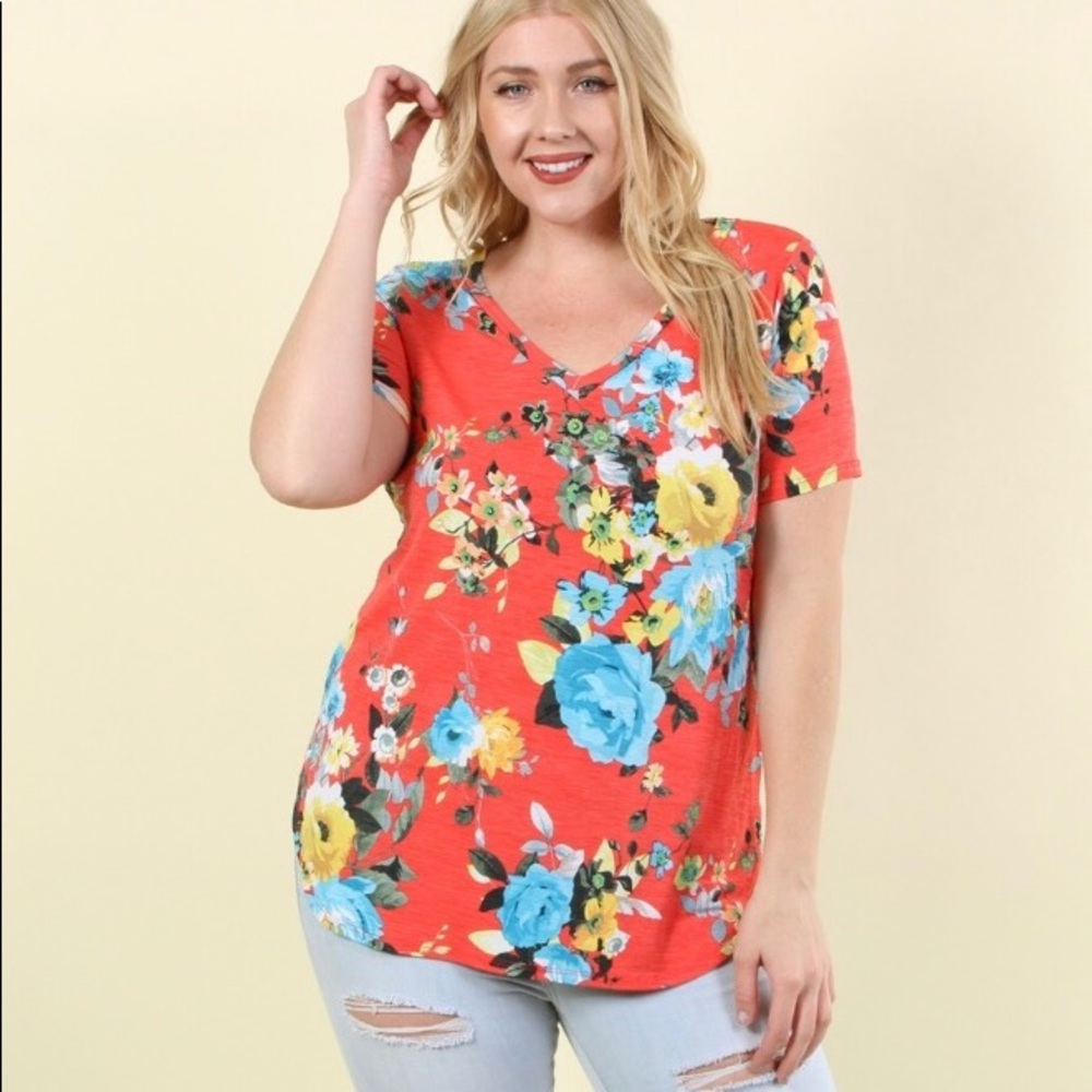 Bright Coral Floral Printed Jersey V-neck